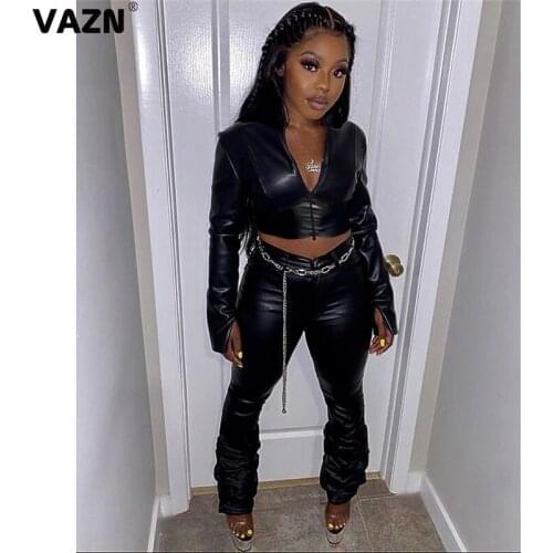 VAZN 2020 Hot Plus Size High-end Leather Set Sexy Club Solid Full Sleeve Group High Waist Long Pants Slim Women 2 Piece Set