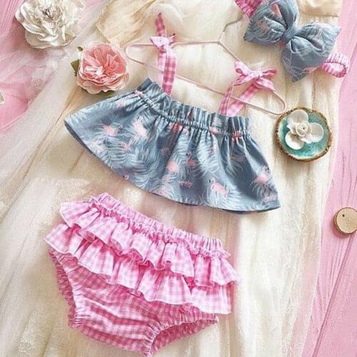 0-24M Cute Newborn Baby Girl Sleeveless Strap Tank Tops Pink Plaid Tutu Ruffles Shorts Baby Bloomers Headband 3PCS Clothes Set