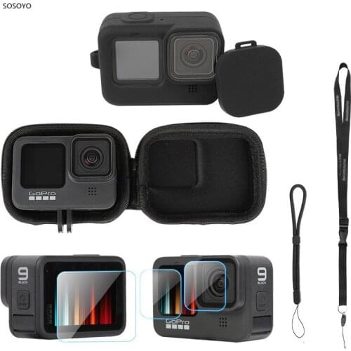 9 in 1 Mini Storage Bag Silicone Case Screen Tempered Film Lanyard Hand Strap Set For Gopro 9 Action Camera Accessories