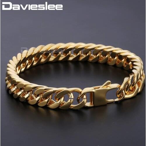 Davieslee 316L Stainless Steel Bangle Bracelet Gold-color Cut Double Curb Link Mens Womens Fashion Jewelry (10mm Wide) DLHB413