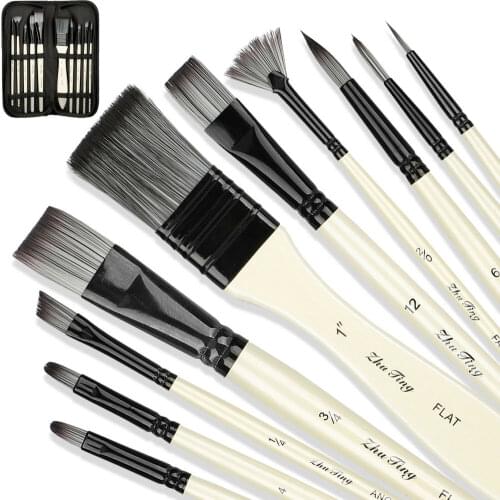 Artist Paint Brush Set 10 Pcs High Quality Nylon Hair Wood Black Handle Watercolor Acrylic Oil Brush Painting Art Supplies