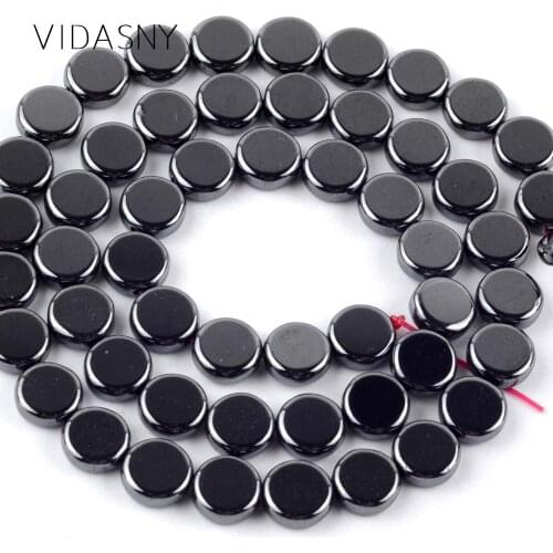 Natural Mineral Stone Flat Round Smooth Black Hematite Beads For Jewelry Making 6 8 10mm Spacer Beads DIY Necklace Bracelet 15"