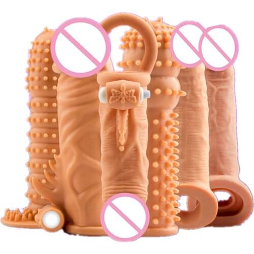6 Types Reusable Realistic Condoms Vibrator Penis Sleeve Extender Sex Toys For Men Dildo Enhancer Enlargement Nozzle Vibratoring