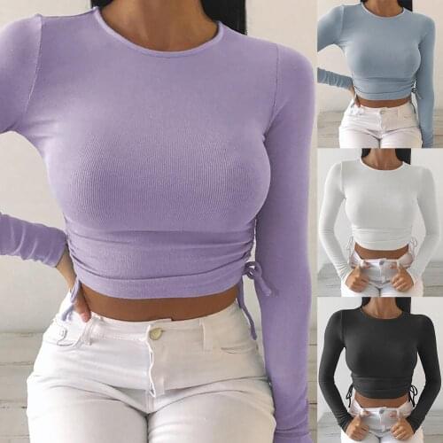 Sexy Women Basic Top Long Sleeve O Neck Tshirt for Women Sexy Short Top Pullovers T shirt Women Slim Side Drawstring Tshirt Top