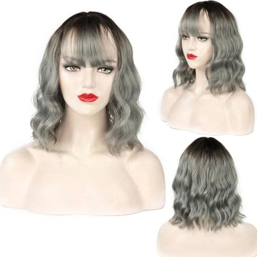 Ombre Grey Wig with Bangs Curly Black Color Wigs for White Women High Temperature Fiber Synthetic Wig Female