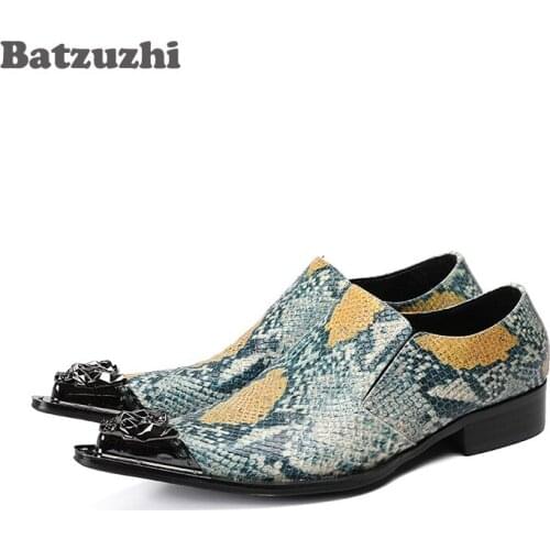 Batzuzhi Rock Personality Leather Shoes Men Pointed Metal Tip Men Shoes Formal Dress Shoes for Wedding and Party Oxfords, US12