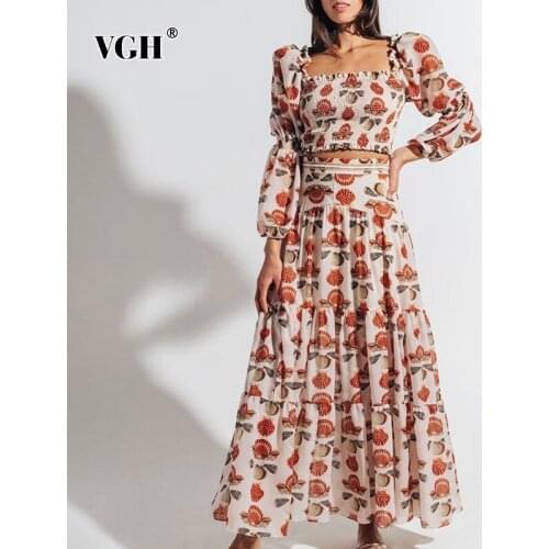 VGH Casual Print Two Piece Set For Women Square Collar Puff Long Sleeve Slim Shirt High Waist Midi Skirt Elegant Sets Female New