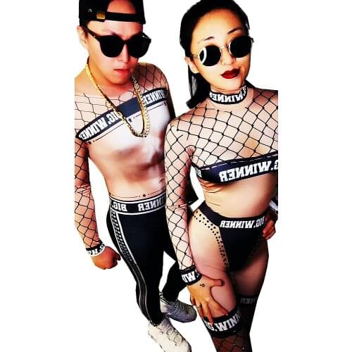 Women Men Long Sleeve Skinny Stretch Jumpsuits Nightclub DJ Singer Stage Wear Fashion Letter Print Sports Style Striped Bodysuit