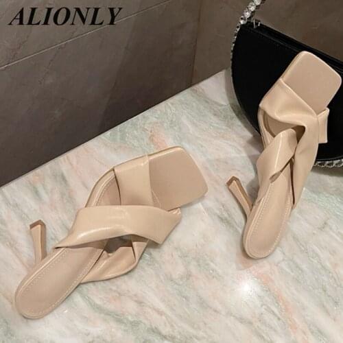 ALIONLY Vintage Square Toe Shoes for Women 2021 Fashion Pleated Rome Design Slippers High Heels Shallow Leisure Shoes Slides