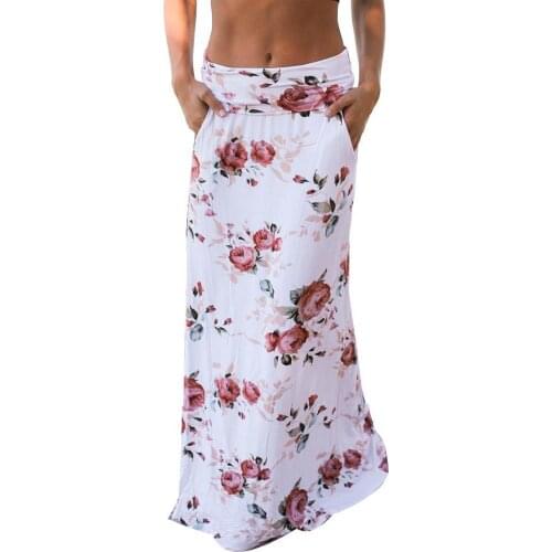 Boho Women Skirts Summer Beach Flower Print Low Waist Long Maxi Skirt with Pockets Skirts for women 2021 jupe