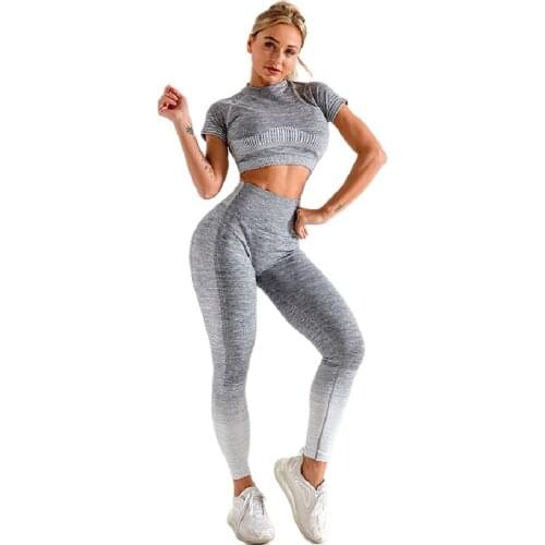 Women Two Piece Seamless Set Fitness Sports Suits Gym Clothes Short Sleeve Top High Waist Leggings Workout Pants Tracksuit