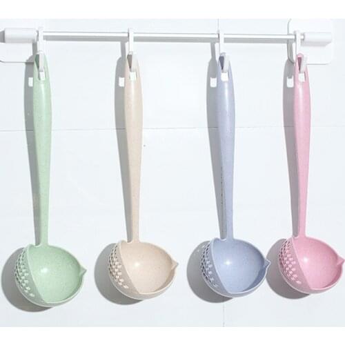 1Pcs Wheat Straw/PP Long Handle Soup Spoon Hook Design Multi-function Kitchen Tools Filter 2 in 1 Porridge Spoons