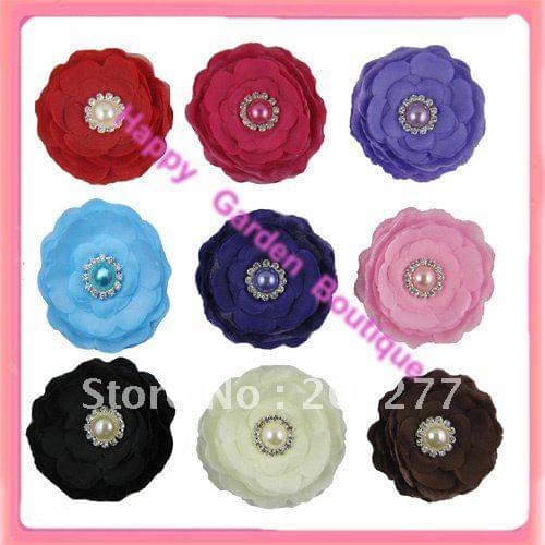 Free shipping!12pcs/lot 31/2'' camellia flower wedding silk flowers with pearl and rhinestone