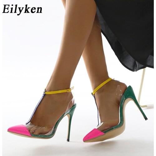 Eilyken New Mixed Color Woman Pumps Sexy Pointed Toe Womens Heels Fashion Ankle Buckle Strap Stiletto Shoes Designer Sandals