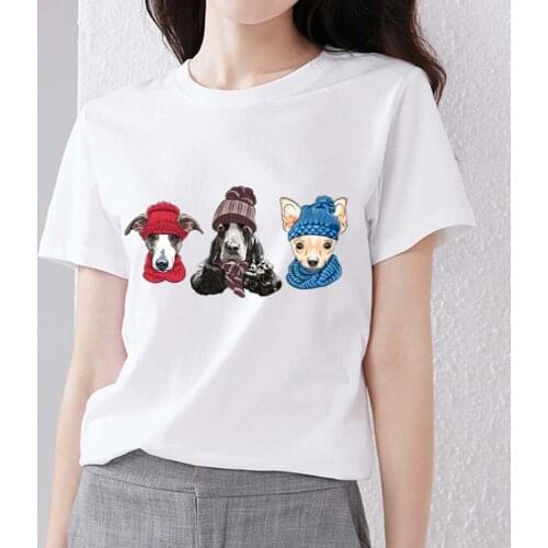 T-shirt Classic Fashion Womens Casual Basic Cute Winter Three-dog Print Pattern O-neck Slim Ladies Commuter Comfortable Top