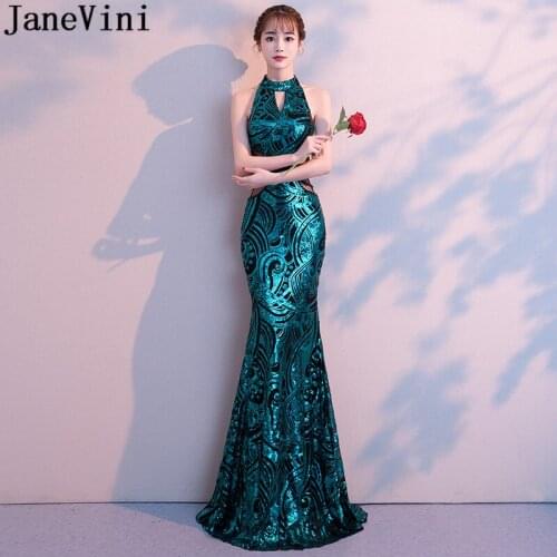JaneVini High Neck Sparkly Sequins Long Bridesmaid Dresses Mermaid Wedding Party Formal Dress Sheer Waist Beaded Women Gowns