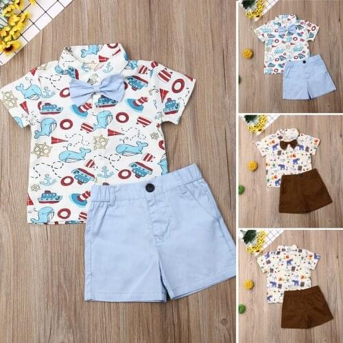 Baby Summer Clothing Newborn Kids Baby Boys Bow Tie Tops T-shirt Solid Shorts Colorful Animals 2Pcs Outfits Set 0-5T