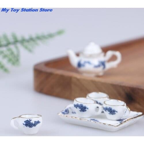 Hot Sale 6Pcs/set Dollhouse Miniature Dining Ware Porcelain Tea Set Dish Cup -Flower Pattern