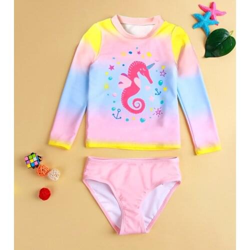 2021 New Girls' Swimsuit Split Long Sleeve Triangle Shorts Haima Gradient Childrens Hot Spring Holiday Swimming