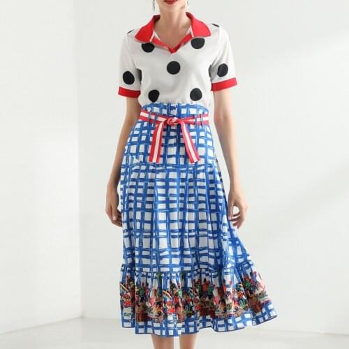 New Arrival Women White Polka Dot Top And Plaid Print Skirt Set D4124