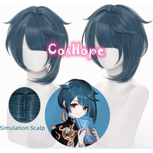 Genshin Impact Xingqiu Cosplay 30cm Wig Short Grey Blue Wig Cosplay Anime Cosplay Wigs Heat Resistant Synthetic Wigs Halloween
