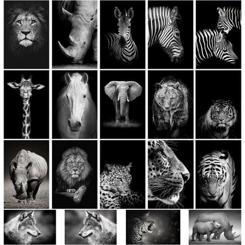 Black and White Elephant Zebra Giraffe Tiger Lion Wall Art Posters Animal Canvas Print Paintings Picture for Living Room Bedroom
