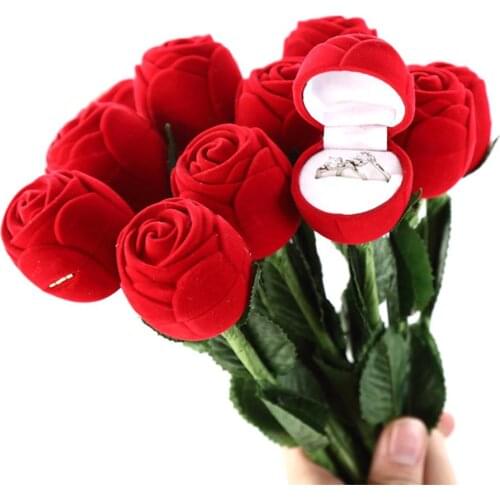 Romantic Rose Flower Flocking Ring Box Holder Wedding Propose Engagement Valentine Day Gift Packing Jewelry Case Gift Boxes