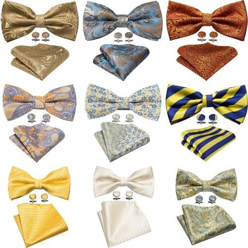 Luxury Glod Yellow Pre-Bow Tie For Men Silk Tie Hanky Cufflinks Set Collar Removable Bowtie Wedding Party Business