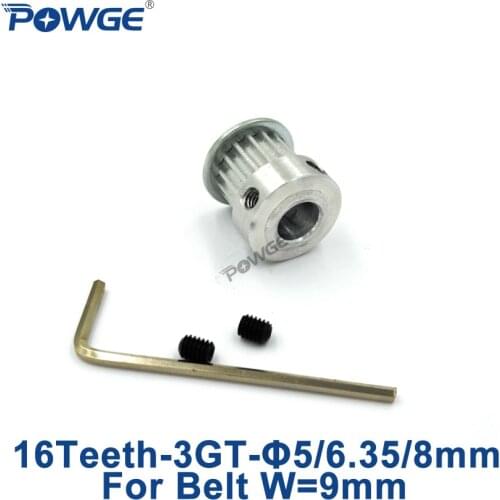 POWGE 1pcs 3GT Timing Pulley 16 Teeth Bore 5mm 6.35mm 8mm for width 9mm GT3 3MGT Open Belt Small Backlash 3GT pulley 16T 16Teeth