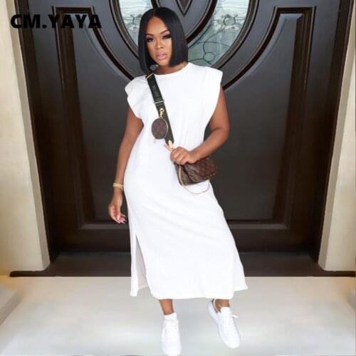CM.YAYA Solid Side Slit Basic Short Sleeve O-neck Dress Slit Slim Dress for Women Outdoor Classic Dresses