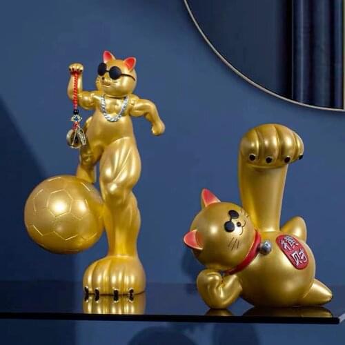 Modern Golden Giant Arm Muscle Cat Sculpture Ornament Abstract Animal Vigorously Lucky Cat Figurine Gift Crafts Home Decoration