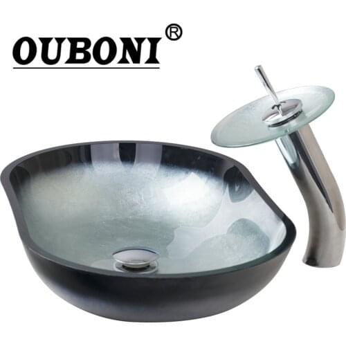 OUBONI Glass Basin Sink Washbasin Counter top Washroom Vessel Vanity Sink Bathroom Mixer waterfall combo Faucet Set