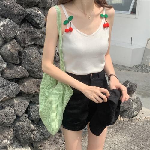 Women Tanks Tops Cherry Knitted Small Tank Top Vest Summer Top Camis Crop Top For Women