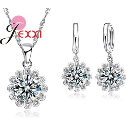 Fine Women Quality Big Clear Crystal Sweet Flower Shape Pendant Necklace Earrings Set Shiny 925 Silver Jewelry