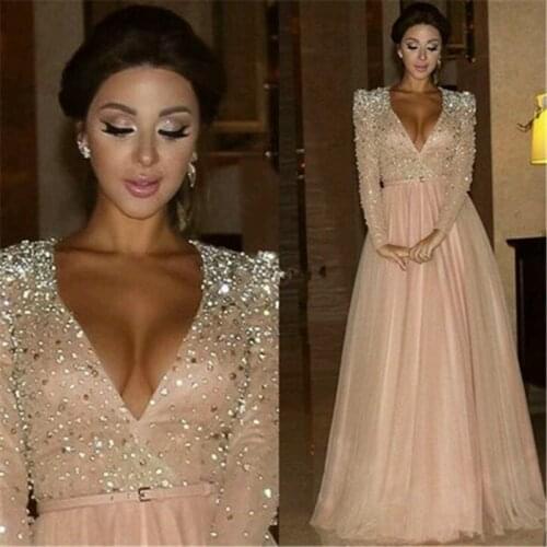 Abendkleider 2019 full Sleeve Evening Dresses robe de soiree Crystal Beaded Pink long evening dresses for women