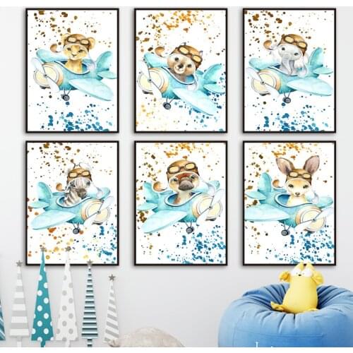 Animal Pilot Aircraft Lion Zebra Elephant Nursery Wall Art Canvas Painting Posters And Prints Wall Pictures Baby Boys Room Decor