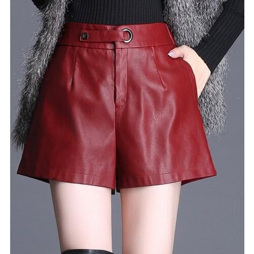 2019 Winter Fall Fashion Woman High Waisted Wine Red Black Wide Leg Pu Leather Shorts , Casual 3xl 4xl Shorts for Women