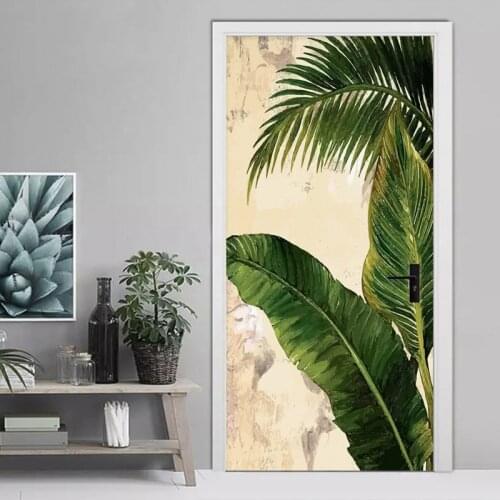3D Door Sticker Tropical Plant Green Banana Leaves Photo Wallpaper For Living Room Bedroom Door Decor PVC Self Adhesive Stickers