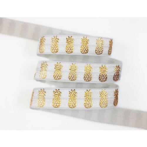 5/8" gold foil pineapple fruit printed fold over elastic 50 yards per lot