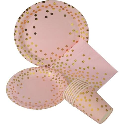 8 Pc Pink Foil Gold Dot Girl Princess Party Decoration Cake Dish Disposable Paper Plates Straws Birthday Gender Reveal Favors