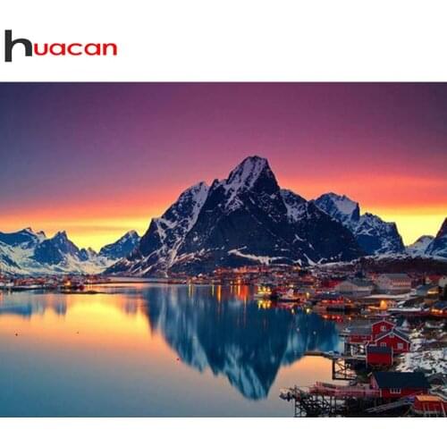 Huacan Diamond Painting Full Sunset Mountain Scenery Diamond Embroidery Mosaic Lake Town Home Decor