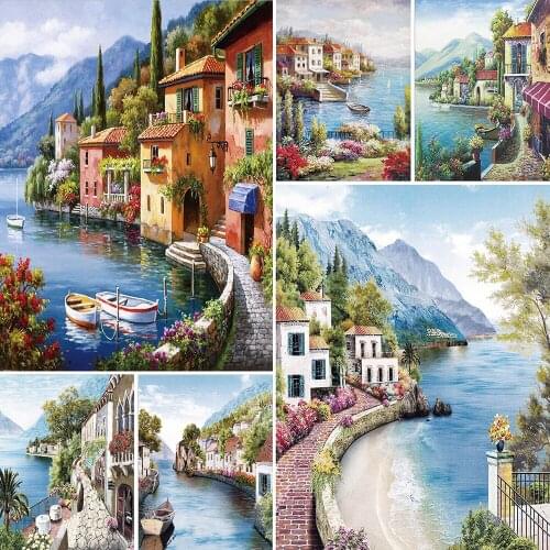 Custom Diamond House and Lake Landscape Painting Living Room Decor Picture 5D DIY Diamond Painting Full Drill Square Diamond