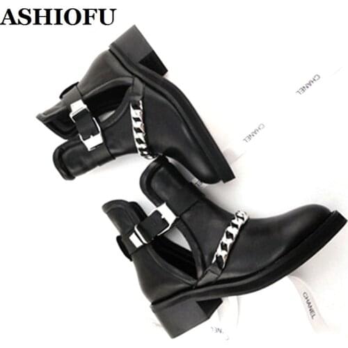 ASHIOFU New Style Womens Block Heels Boots Belt-buckle Iron Chain Martin Boots Classic Autumn Party Fashion Ankle Boots Shoes