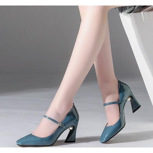 Big Size 9 10 11 12 Ladies High Heels Women Shoes Woman Pumps Shallow pearl heel single shoes with square head buckle