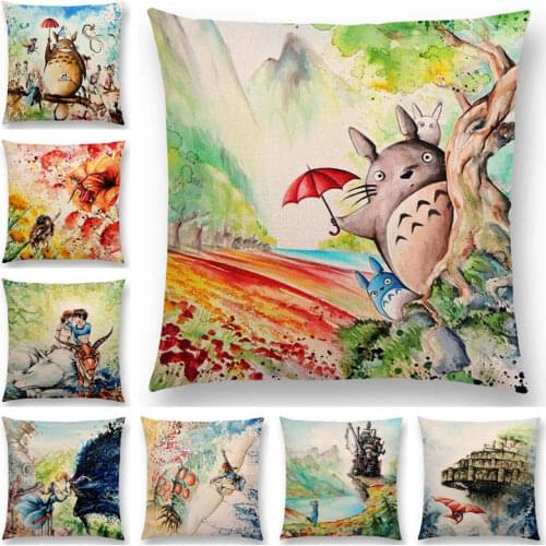 Hot Sale Hayao Miyazaki Works Watercolor Totoro Howls Moving Castle Castle In The Sky Spirited Away Cushion Cover Pillow Case