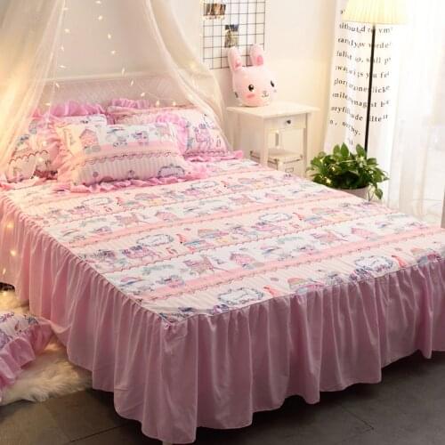 Cilected Cotton Circus Print Bed Skirt Single Princess Style Single Layer Lace Bedspread Bed Cover Non-Slip Bed Sheet Home Decor
