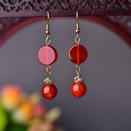 Classical Exquisite Circular Irregular Red Onyx Eardrop Fashion Temperamental Glittering Smooth Chalcedony Pendant Earrings