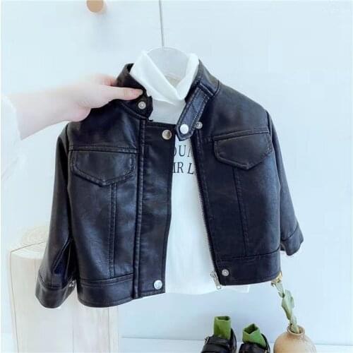 Girls Boys Leather jackets 2021 Spring Autumn Childrens Fashion black PU Leather Coats Kids Short Lapel Collar Tops Outwear