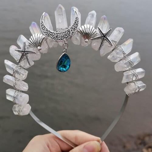 Raw Crystal Quartz Headband Crown Marine Metal Moon Shell Starfish Hair Hoop Forehead Diamond Pendant Tiara Headpiece