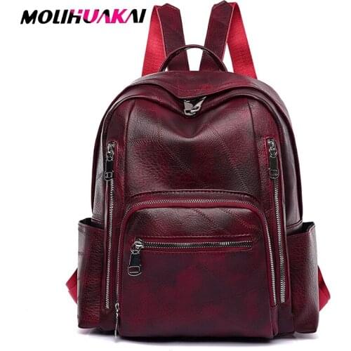 2021 New Solid Color Casual Backpacks Double Zipper PU Leather Backpacks Lady Large Capacity School Bag Fashion Travel Backpack